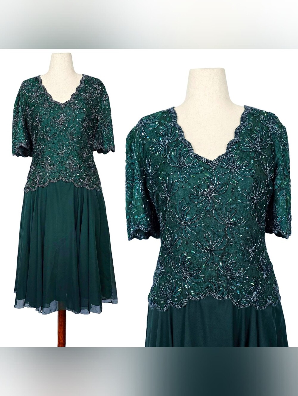 1980s Vintage Dress 80s Midi Forest Green Sequin Beaded Size M Medium Cocktail